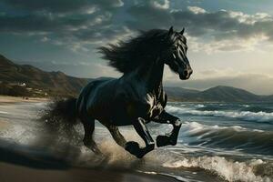 svart häst löpning på de strand i de hav. 3d tolkning. ai genererad proffs Foto