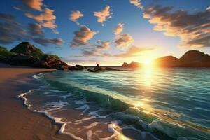 skön solnedgång på de tropisk strand. marinmålning på solnedgång. ai genererad proffs Foto