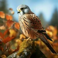 kestrel Sammanträde på en gren i höst skog. vilda djur och växter scen från natur. ai genererad proffs Foto