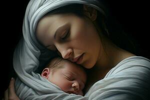 mor med henne nyfödd bebis, moderskap begrepp. ai genererad proffs Foto