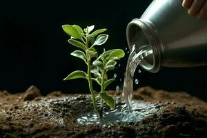 vattning en ung grön växt i de jord med vatten droppar. ai genererad proffs Foto
