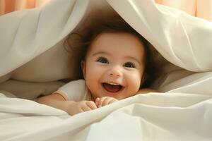 söt liten bebis under filt på Hem. Lycklig barndom begrepp. ai genererad proffs Foto