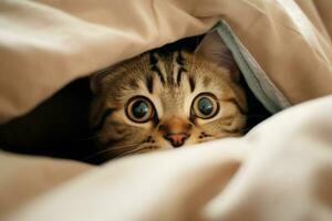 söt tabby katt dölja under filt på säng, närbild. ai genererad proffs Foto