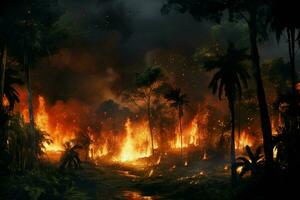 brand i de skog, brinnande träd och buskar i de bakgrund. ai genererad proffs Foto