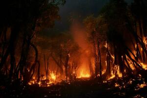 brand i de skog, brinnande träd och buskar i de bakgrund. ai genererad proffs Foto