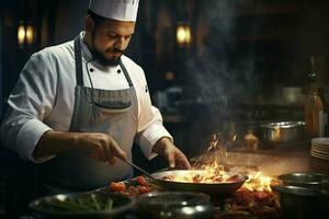 kock matlagning mat i kök på restaurang. porträtt av stilig skäggig kock matlagning mat i restaurang. ai genererad proffs Foto