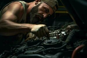 professionell mekaniker arbetssätt i bil reparera affär. stilig ung caucasian man i enhetlig reparation en bil. ai genererad proffs Foto