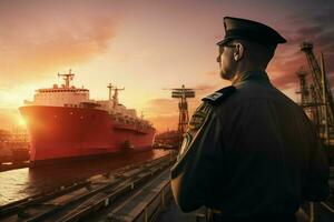 porträtt av självsäker manlig pilot stående med händer på höfter och ser på kamera medan stående mot frakt fartyg på solnedgång. ai genererad proffs Foto