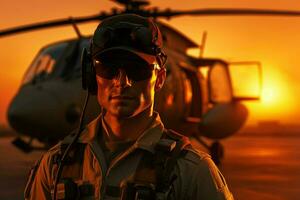 helikopter på solnedgång närbild porträtt av pilot stående i främre. ai genererad proffs Foto