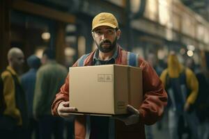 porträtt av en manlig arbetstagare innehav en låda i en lager. leverans service begrepp. ai genererad proffs Foto
