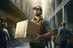 porträtt av en manlig arbetstagare innehav en låda i en lager. leverans service begrepp. ai genererad proffs Foto