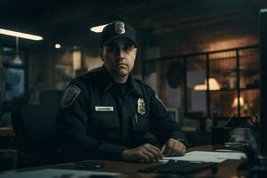 porträtt av manlig polis officer Sammanträde på arbetsplats. ai genererad proffs Foto