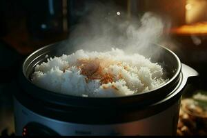 matlagning ris i varm pott med ånga på spis, närbild. ai genererad proffs Foto
