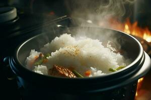 matlagning ris i varm pott med ånga på spis, närbild. ai genererad proffs Foto