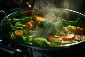 vegetabiliska gryta i en pott på de brand, närbild. ai genererad proffs Foto