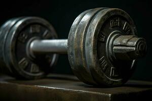 hantlar på en tabell i en Gym. selektiv fokus. tonad. ai genererad proffs Foto