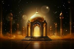 3d illustration av eid mubarak bakgrund med moské och gyllene lyktor. ai genererad proffs Foto