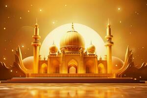 3d illustration av eid mubarak bakgrund med moské och gyllene lyktor. ai genererad proffs Foto