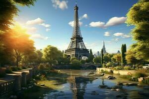 eiffel torn i paris, Frankrike på solnedgång. 3d tolkning. ai genererad proffs Foto