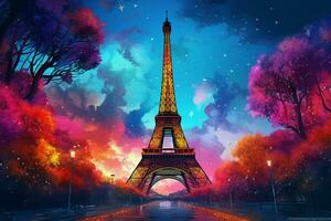 eiffel torn i neon stil på de bakgrund av de natt himmel, eiffel torn på natt i paris, Frankrike. ai genererad proffs Foto