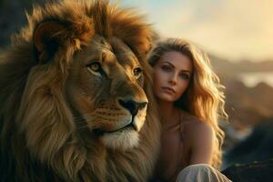lejon och kvinna på de topp av de berg på solnedgång. ai genererad proffs Foto