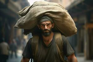 porträtt av en ung dag arbetare bärande en tung väska på hans huvud. ai genererad proffs Foto