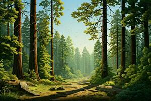 fantasi skog med gammal träd och trappa. färsk grön skog med stenar och träd. ai genererad proffs Foto