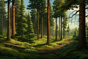 fantasi skog med gammal träd och trappa. färsk grön skog med stenar och träd. ai genererad proffs Foto