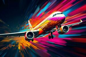 flygplan i flyg med färgrik abstrakt bakgrund. ai genererad proffs Foto