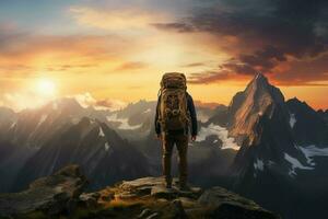 vandrare på de topp av de berg på solnedgång. resa och äventyr begrepp. ai genererad proffs Foto