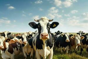 flock av svart och vit kor i en rad på en odla. besättning av kor i en äng på en solig dag. ai genererad proffs Foto