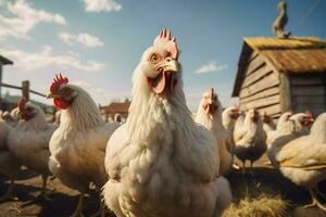 kycklingar på traditionell fri räckvidd fjäderfän odla. kycklingar på de odla. selektiv fokus. natur. ai genererad proffs Foto