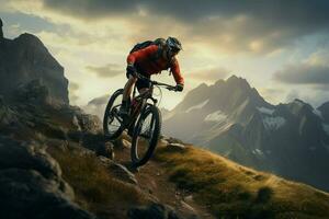 berg cykel ryttare i de berg. sport och aktiva liv begrepp. ai genererad proffs Foto