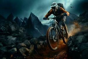 berg cykel ryttare i de berg. sport och aktiva liv begrepp. ai genererad proffs Foto