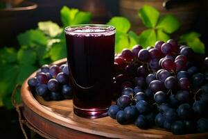 glas av röd vin med vindruvor på en trä- tabell i de vingård. ai genererad foto