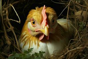 kycklingar i de bo med ägg, närbild. ai genererad smartphone med laddning kabel- på de tabell. ai genererad foto