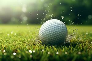golf boll på de grön gräs med bokeh bakgrund. ai genererad proffs Foto