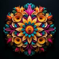 skön mandala blomma, färgrik fraktal mandala på svart bakgrund. psychedelic digital konst. 3d tolkning. ai genererad proffs Foto
