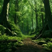 fantasi landskap med väg i de skog. tropisk trädgård med handflatan träd och väg. ai genererad proffs Foto