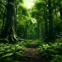fantasi landskap med väg i de skog. tropisk trädgård med handflatan träd och väg. ai genererad proffs Foto