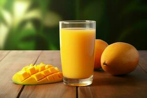 glas av mango juice på trä- bakgrund. friska dryck. ai genererad proffs Foto