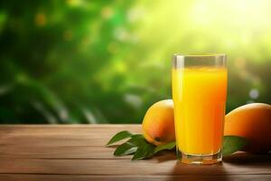 glas av mango juice på trä- bakgrund. friska dryck. ai genererad proffs Foto