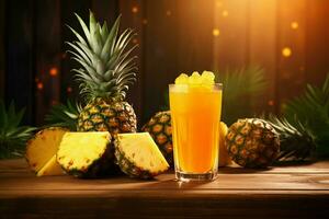 glas av ananas juice på trä- bakgrund. friska dryck. ai genererad proffs Foto