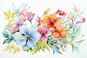 hälsning kort med vattenfärg blommor handgjorda. färgrik vattenfärg blommig bukett på vit bakgrund, årgång stil. ai genererad foto