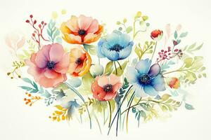 hälsning kort med vattenfärg blommor handgjorda. färgrik vattenfärg blommig bukett på vit bakgrund, årgång stil. ai genererad foto