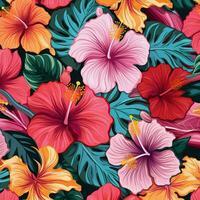 tropisk hibiskus blommor och handflatan löv bakgrund. ai genererad fri Foto