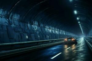 trogen tunnel med ljus spår på natt, lång exponering Foto tagen i en tunnel. ai genererad fri Foto
