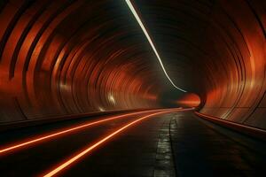 trogen tunnel med ljus spår på natt, lång exponering Foto tagen i en tunnel. ai genererad fri Foto