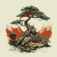 tall träd på en sten i de skog, bonsai träd på de berg. ai genererad fri Foto