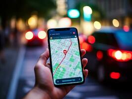 smartphone gps navigering ikon och Karta på trafik väg.generativ ai. foto